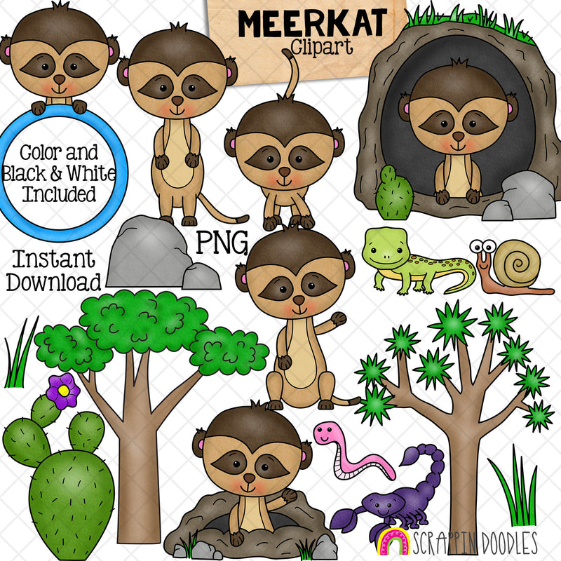Meerkats ClipArt - Habitat - Cute Meerkats - Desert Environment - Lizard - Scorpion - Cactus - Joshua Tree - Snail - CU PNG
