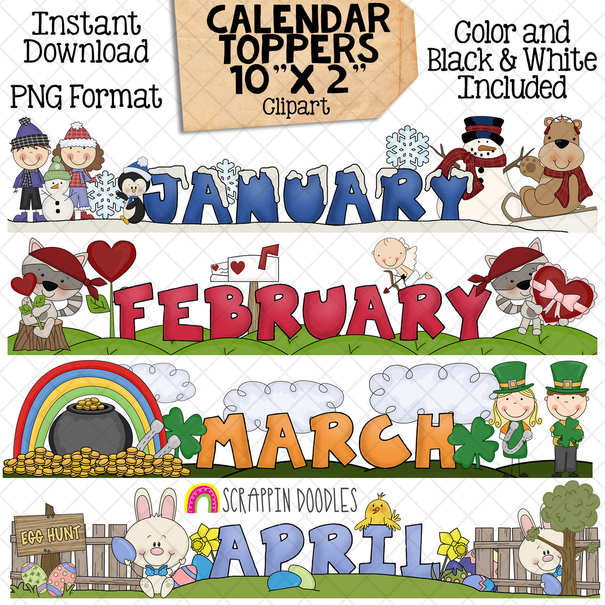 Monthly Calendar Toppers - January through December - Seasonal - Holidays - Bulletin Board - Headers - CU PNG - 