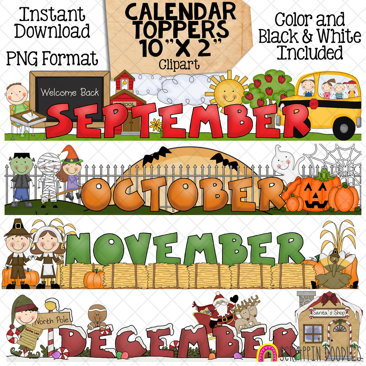 Monthly Calendar Toppers - January through December - Seasonal - Holidays - Bulletin Board - Headers - CU PNG - 