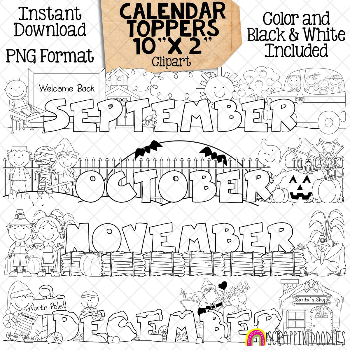 Monthly Calendar Toppers - January through December - Seasonal - Holidays - Bulletin Board - Headers - CU PNG - 