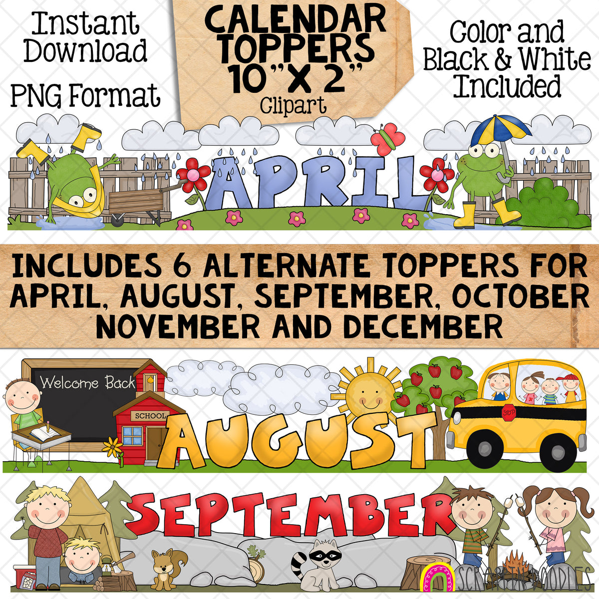 Monthly Calendar Toppers - January through December - Seasonal - Holidays - Bulletin Board - Headers - CU PNG - 