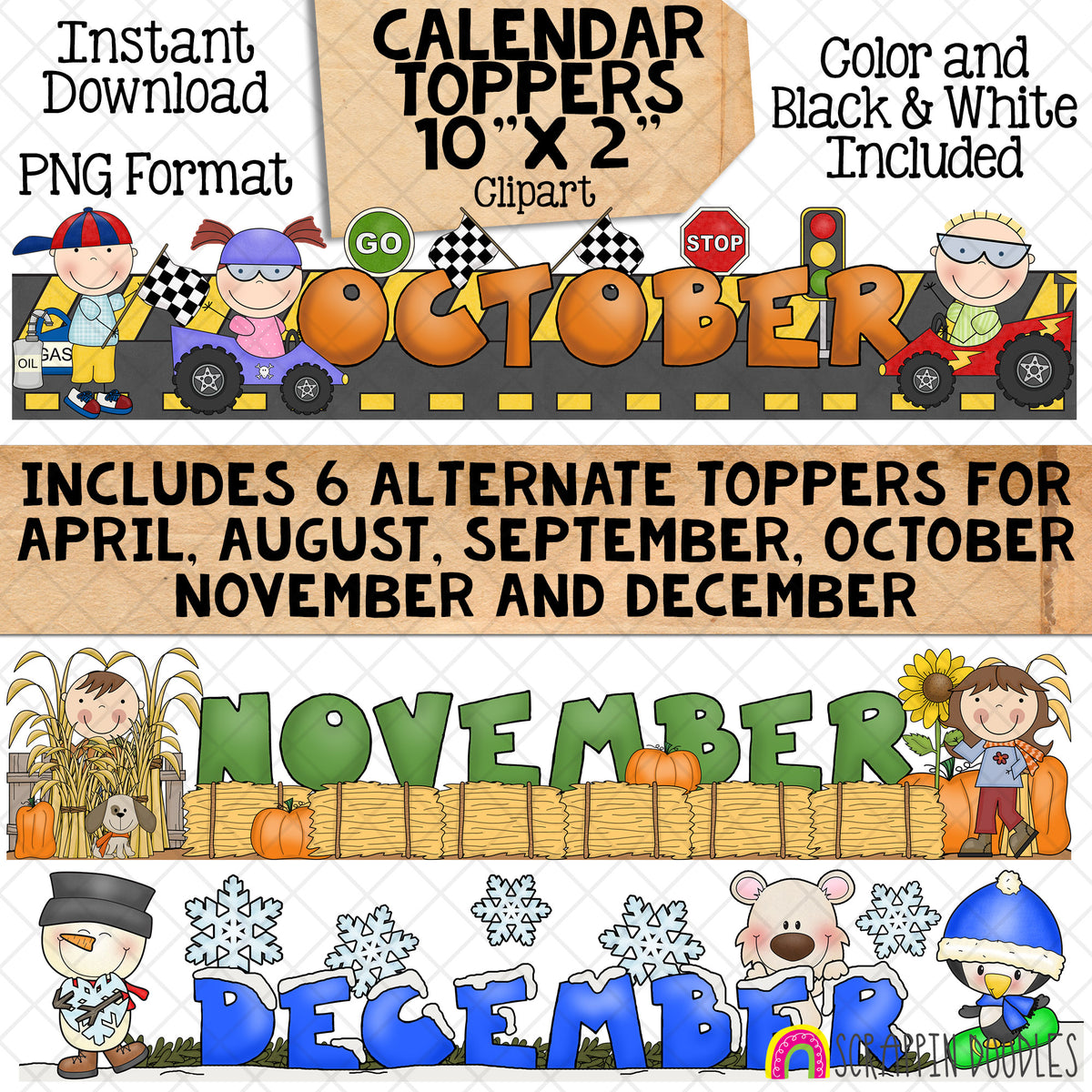 Monthly Calendar Toppers - January through December - Seasonal - Holidays - Bulletin Board - Headers - CU PNG - 