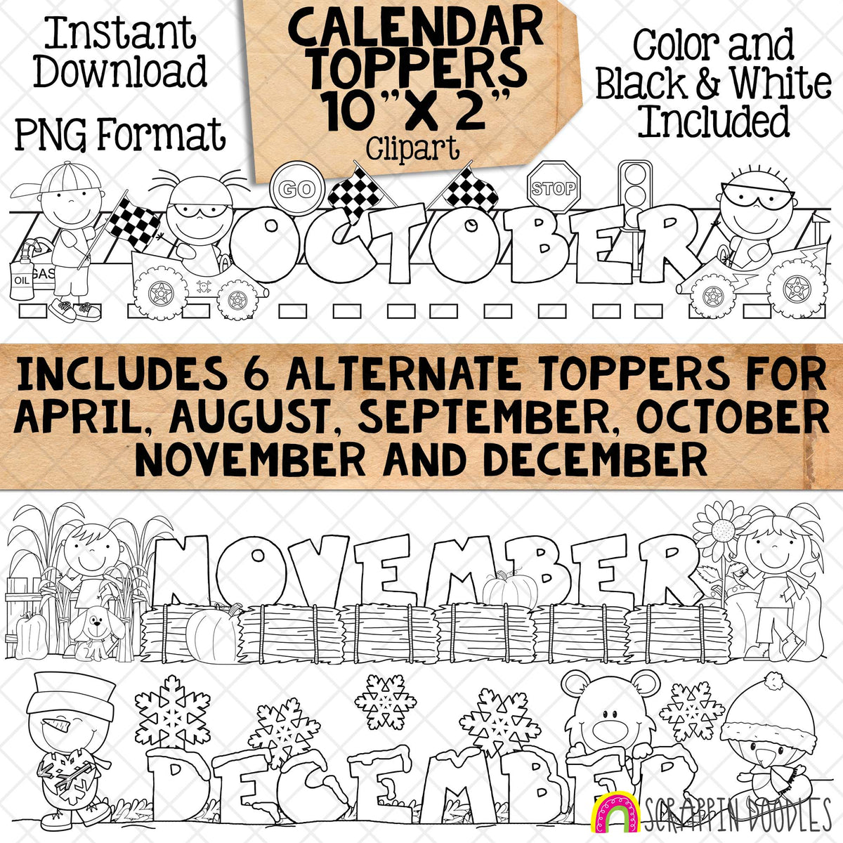 Monthly Calendar Toppers - January through December - Seasonal - Holidays - Bulletin Board - Headers - CU PNG - 