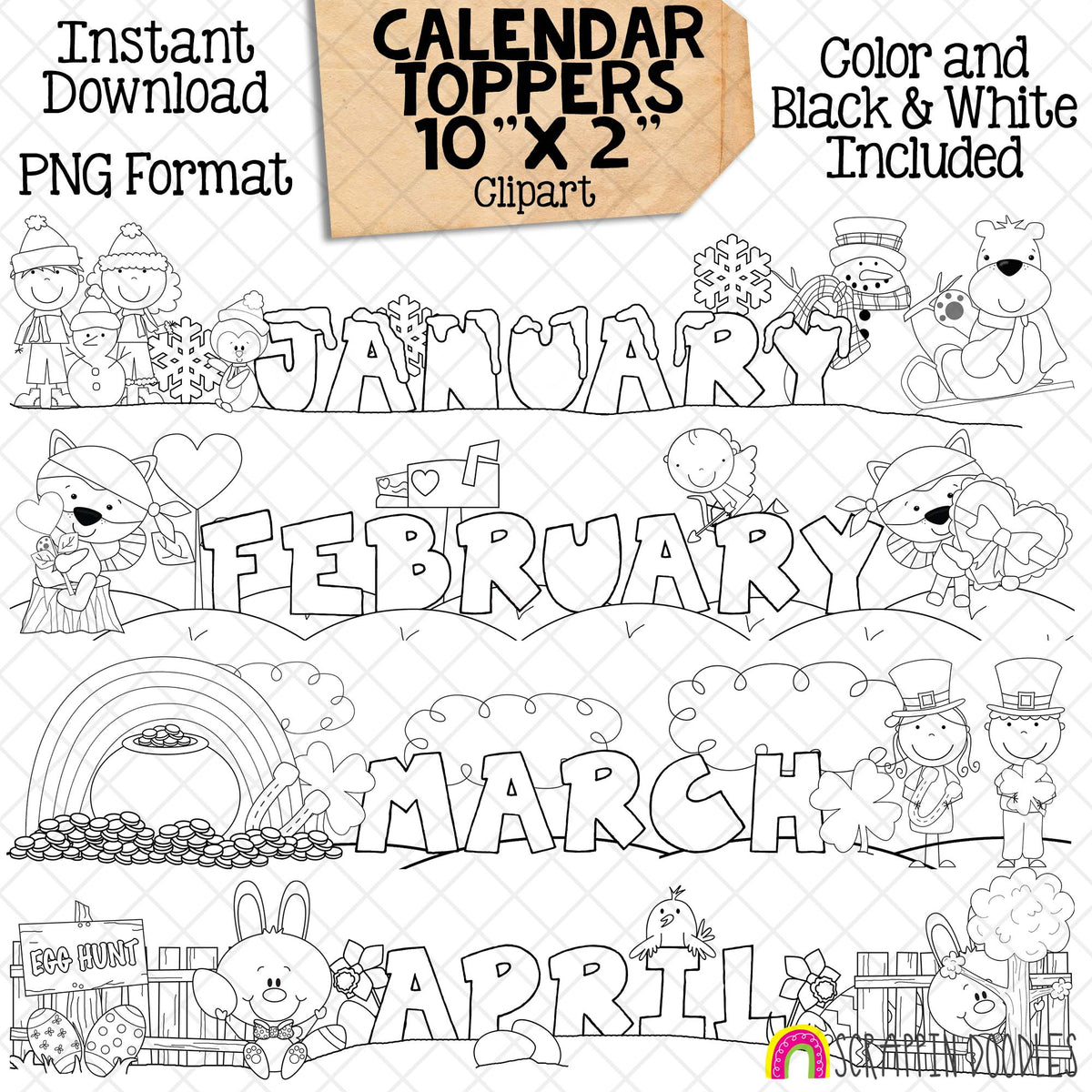 Monthly Calendar Toppers - January through December - Seasonal - Holidays - Bulletin Board - Headers - CU PNG - 