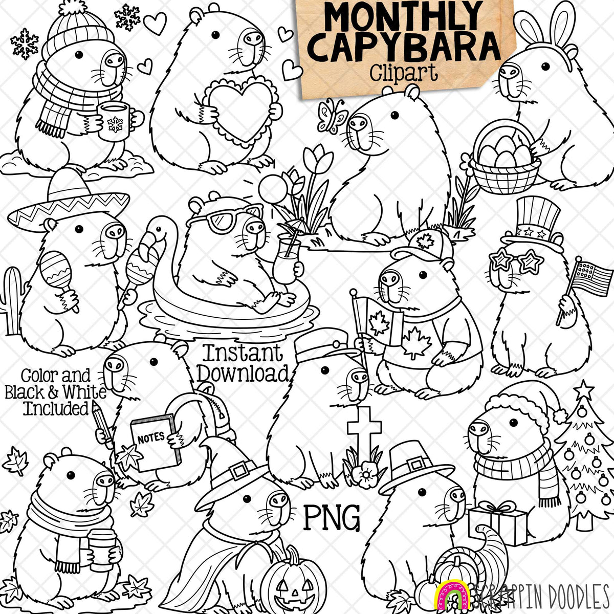Monthly Capybara PNG ClipArt – 14 Seasonal Designs