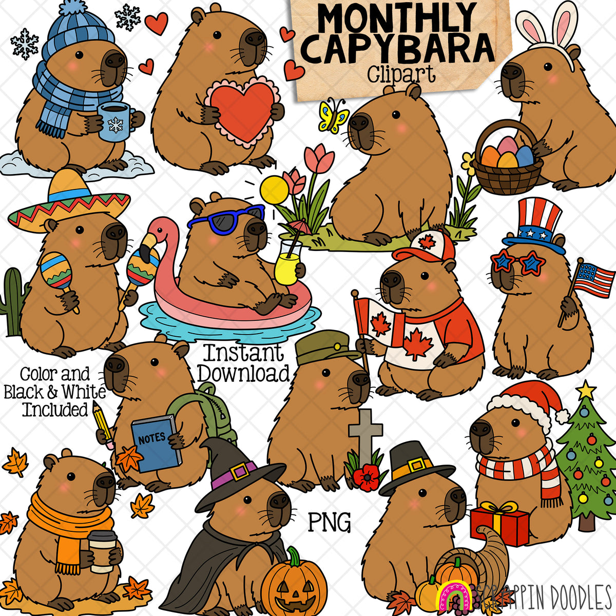 Monthly Capybara PNG ClipArt – 14 Seasonal Designs