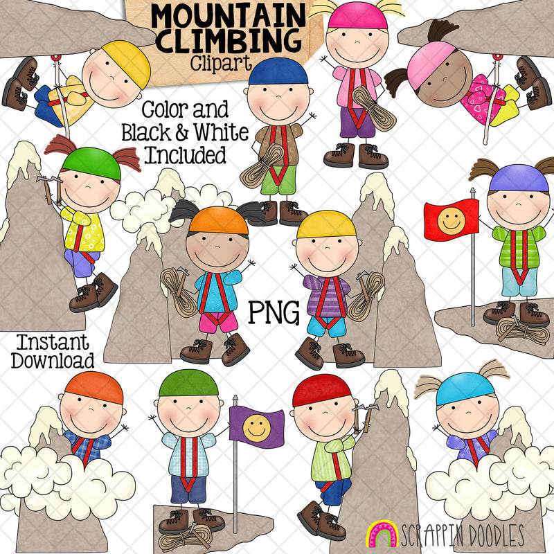 Mountain Climbing Clip Art - Mountaineering Clipart - Kids Climbing Mountains - Commercial Use PNG Sublimation