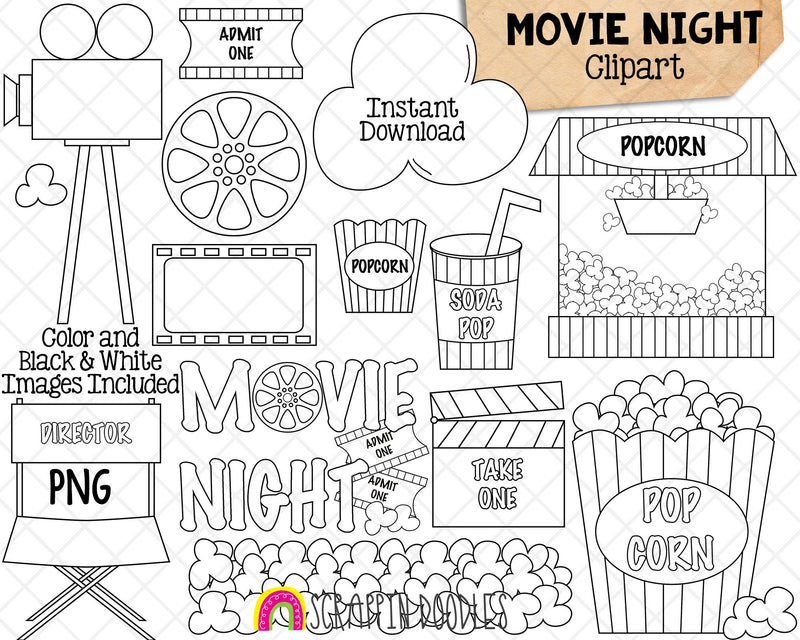 Movie Night Clip Art - Popcorn - Movie Theater - Directors Chair - Reel - Commercial Use PNG