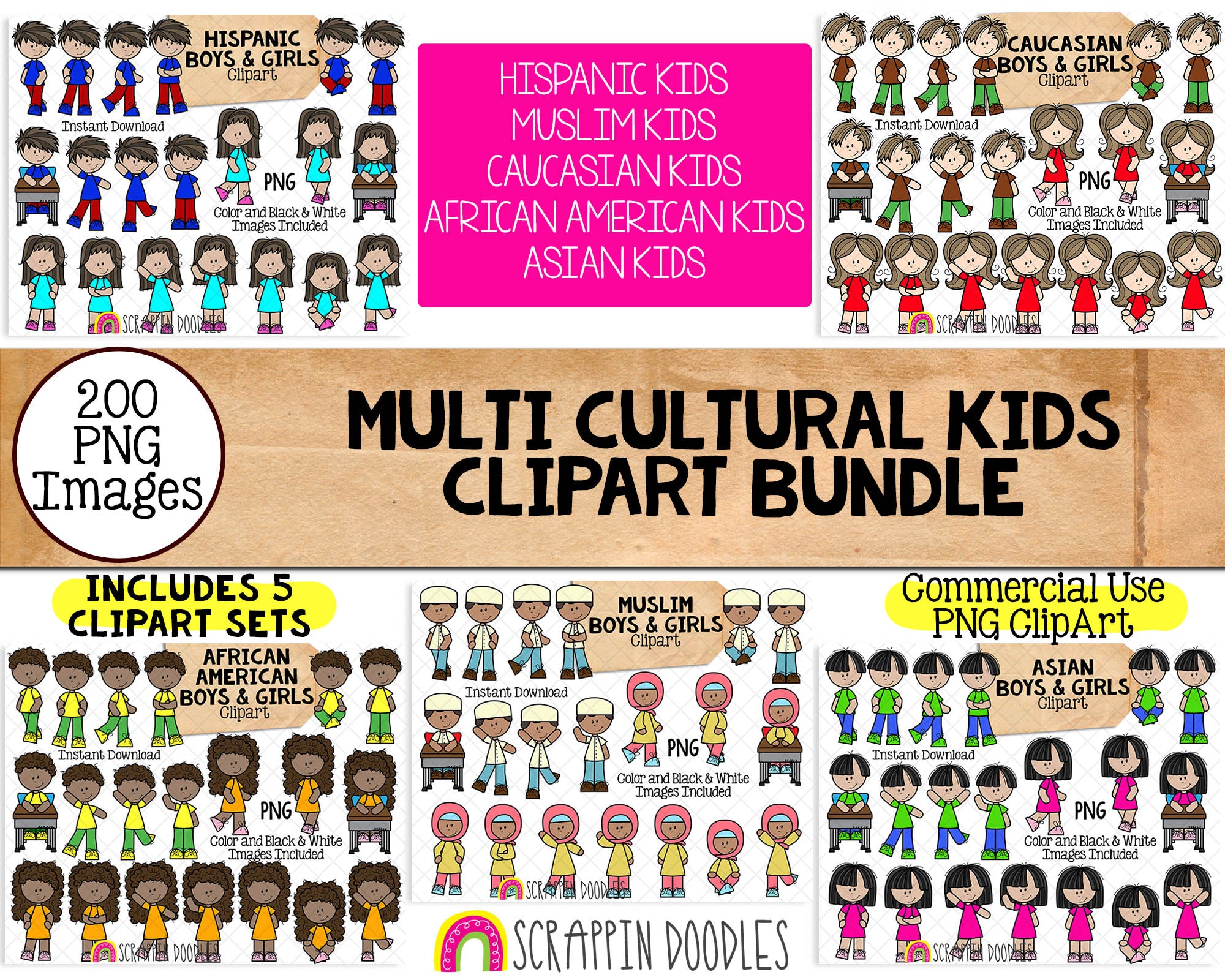 Multicultural Club Pin MultiCultural Kids ClipArt Bundle - Children Posing Graphics – Scrappin ...
