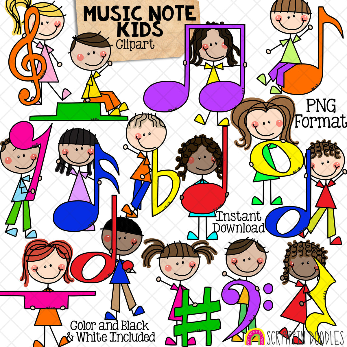 Music Notes Clipart - Doodle Kids Holding Musical Notes - Bass Clef - Crotchet - Treble - Quaver - Semi Breve - Minim - Sharp - CU PNG