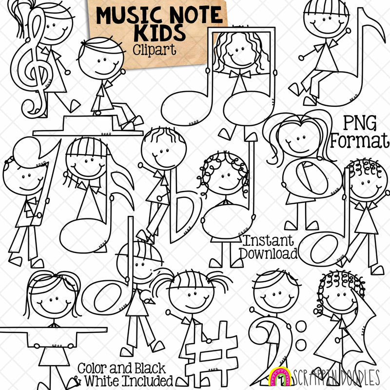 Music Notes Clipart - Doodle Kids Holding Musical Notes - Bass Clef - Crotchet - Treble - Quaver - Semi Breve - Minim - Sharp - CU PNG