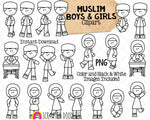 Muslim Boys and Girls Kids ClipArt - Multi Cultural Children Posing Graphics - Commercial Use PNG