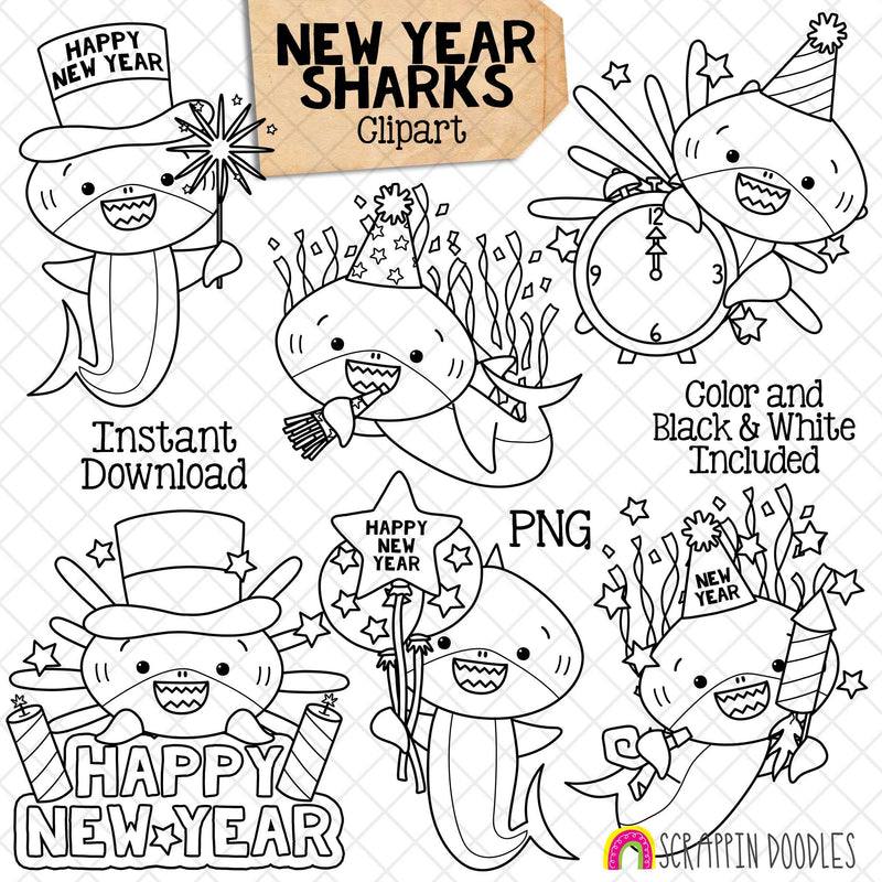 New Years Sharks Clip Art - Grey Shark Clipart - Baby Shark - Commercial Use PNG Sublimation