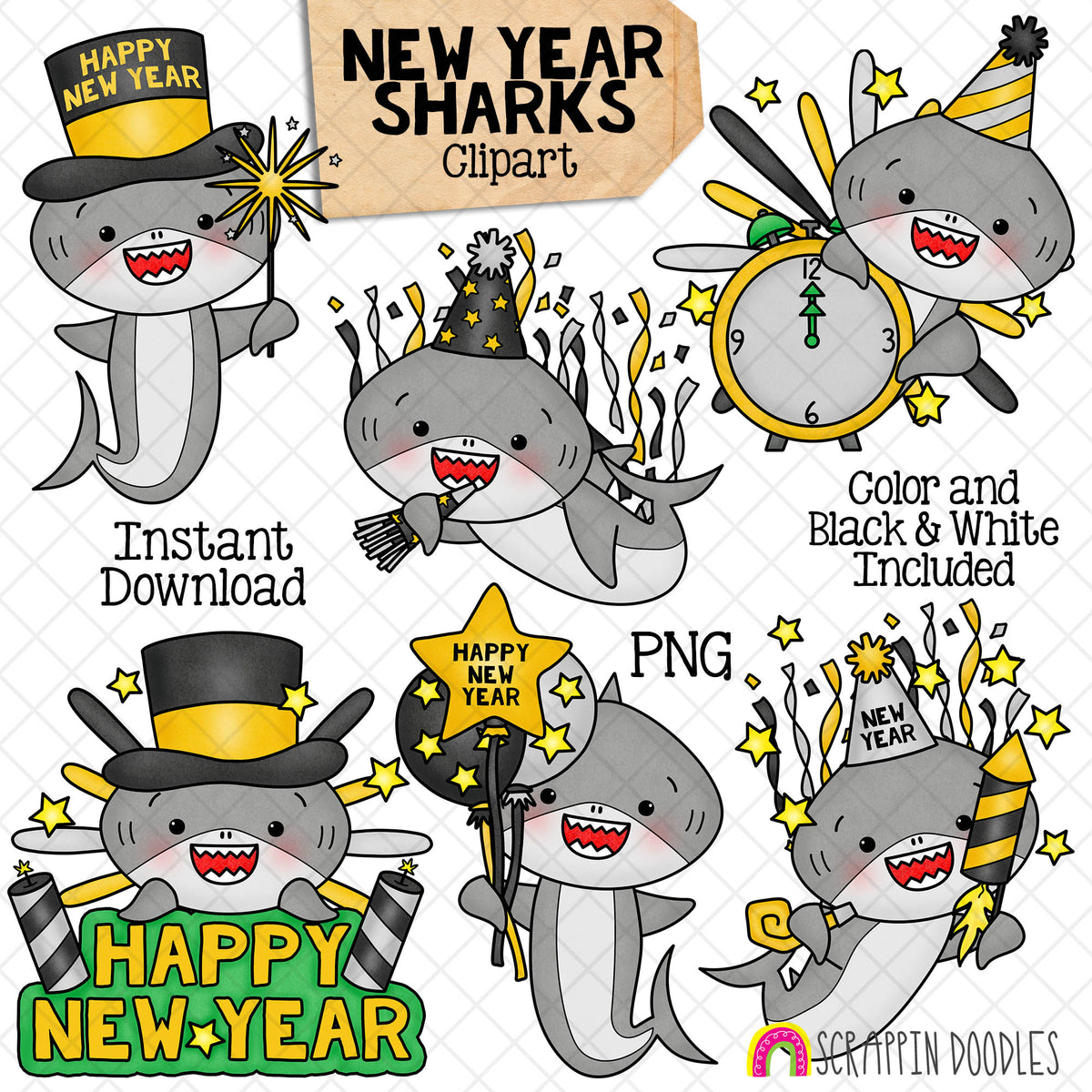 New Years Sharks Clip Art - Grey Shark Clipart - Baby Shark - Commercial Use PNG Sublimation