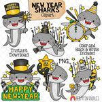 New Years Sharks Clip Art - Grey Shark Clipart - Baby Shark - Commercial Use PNG Sublimation