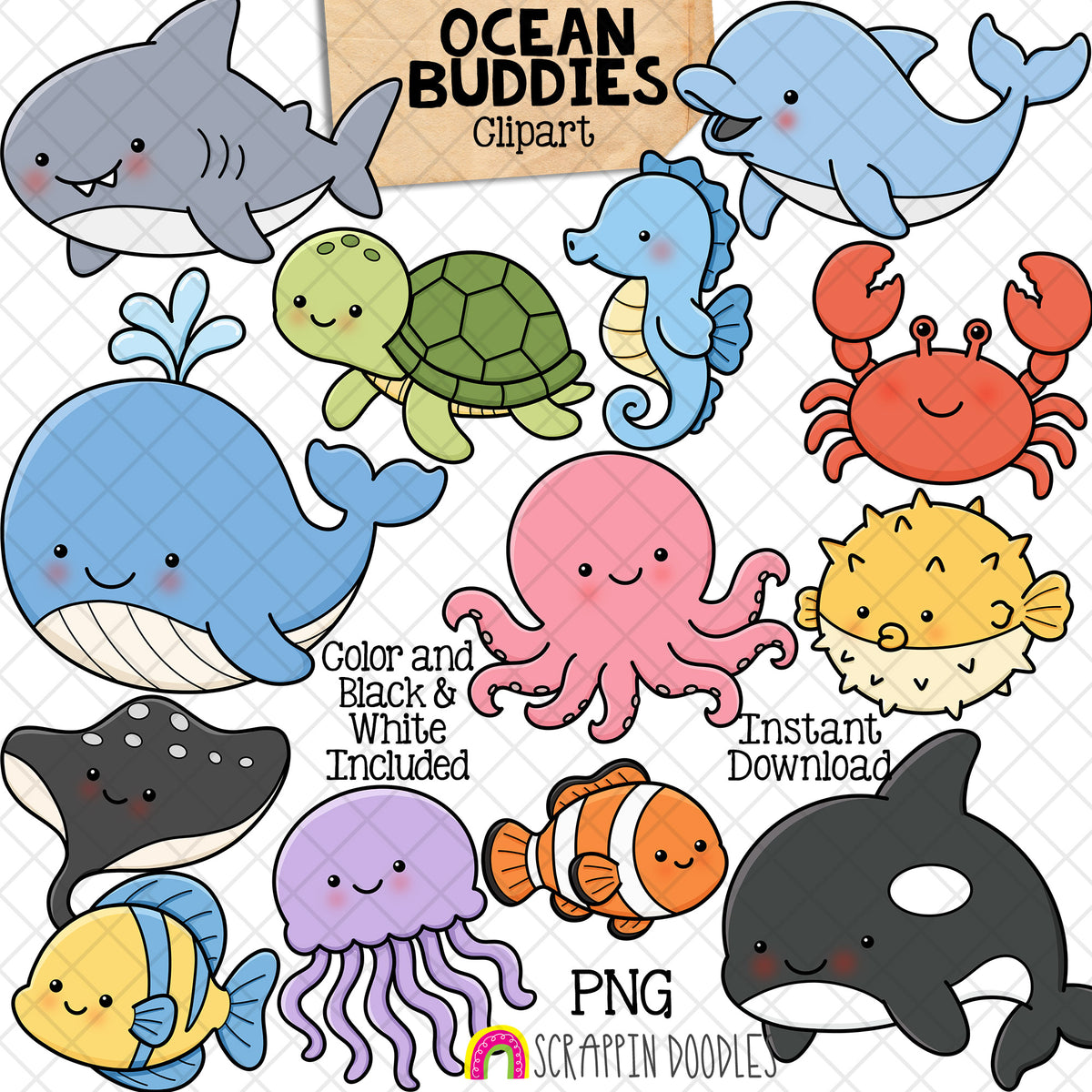 Ocean Buddies ClipArt - Sea Animals - Coral - Plants - Shells - Fish - Commercial Use PNG