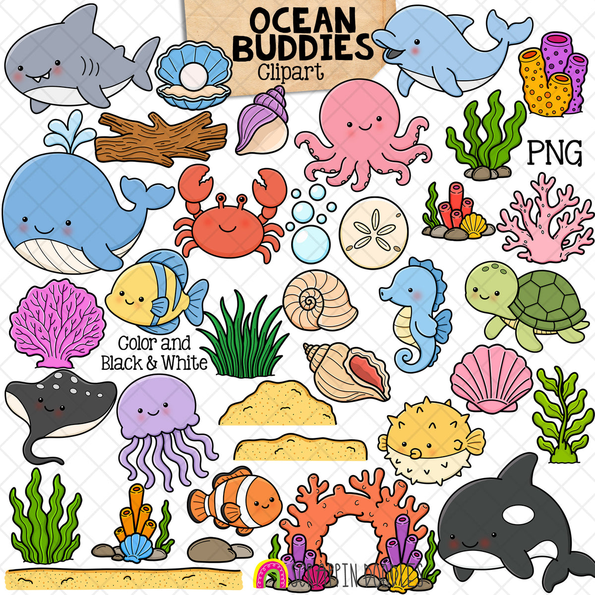Ocean Buddies ClipArt - Sea Animals - Coral - Plants - Shells - Fish - Commercial Use PNG