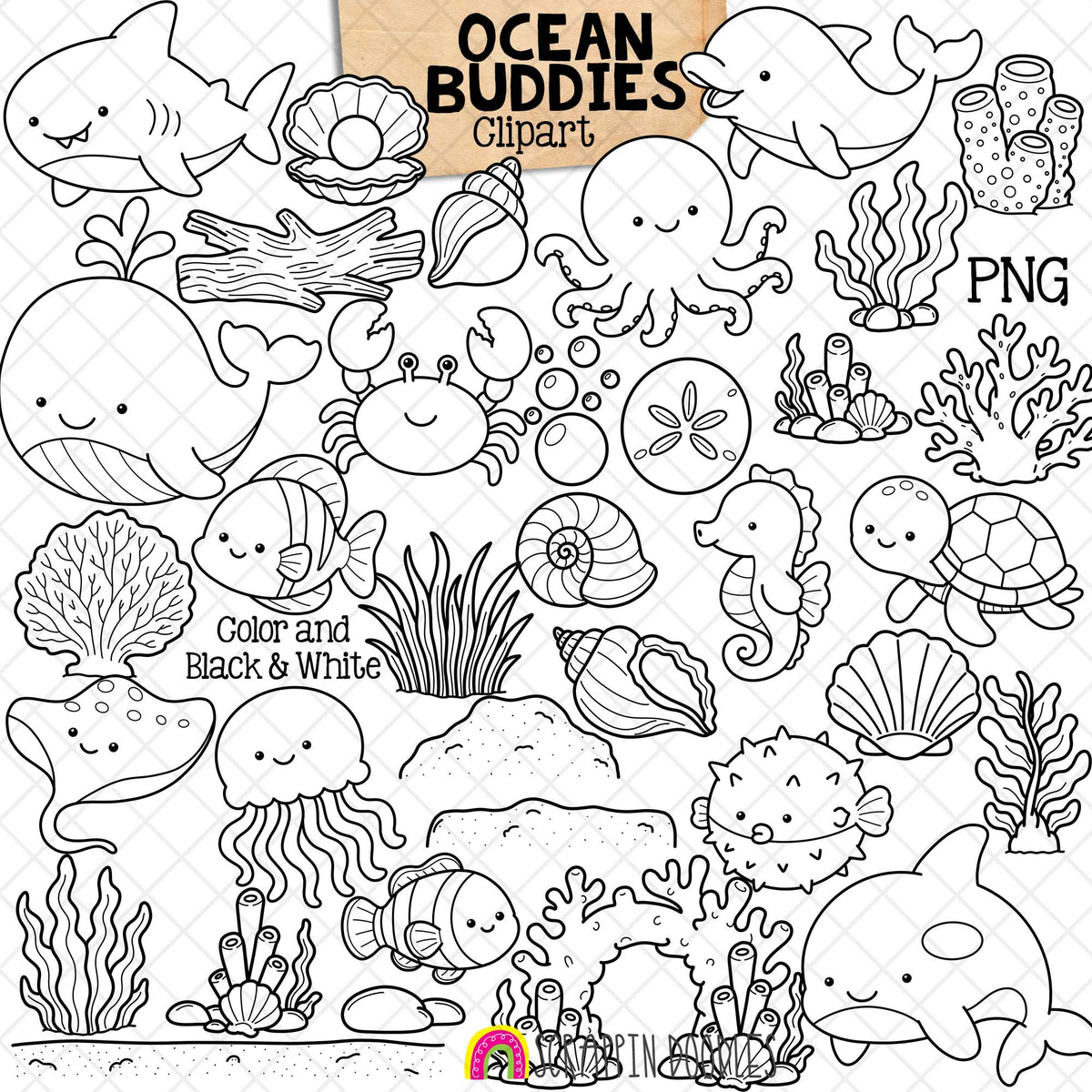 Ocean Buddies ClipArt - Sea Animals - Coral - Plants - Shells - Fish - Commercial Use PNG
