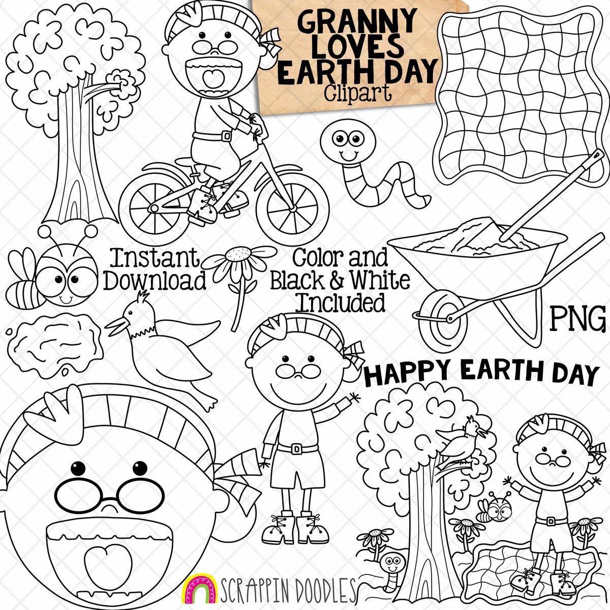 Granny Loves Earth Day Clip Art - Old Lady Swallowed A Worm Graphics- Commercial Use PNG