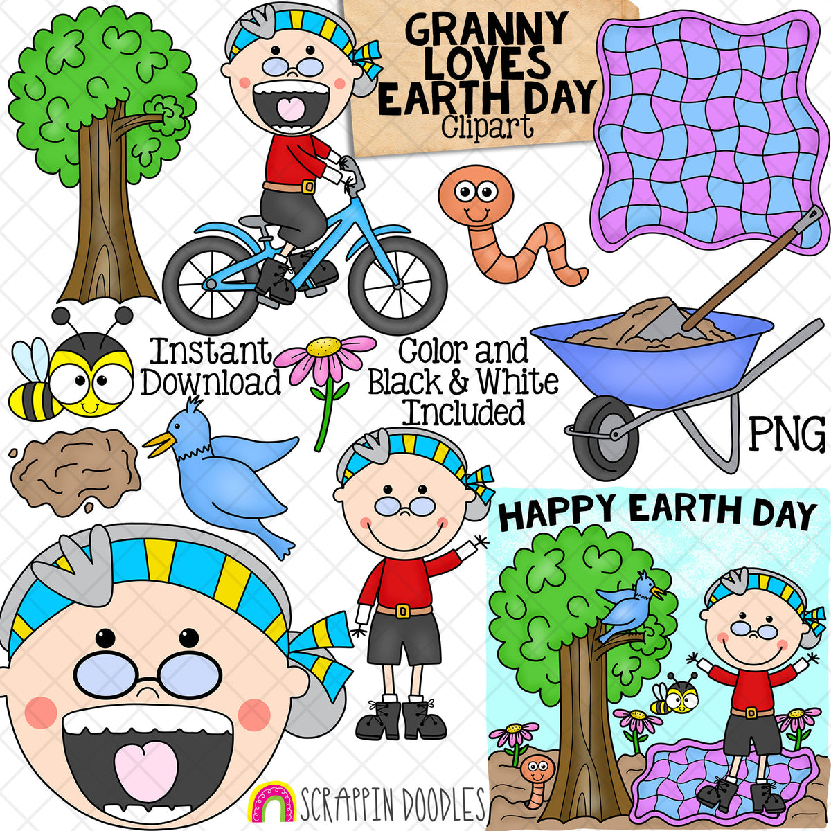 Granny Loves Earth Day Clip Art - Old Lady Swallowed A Worm Graphics- Commercial Use PNG