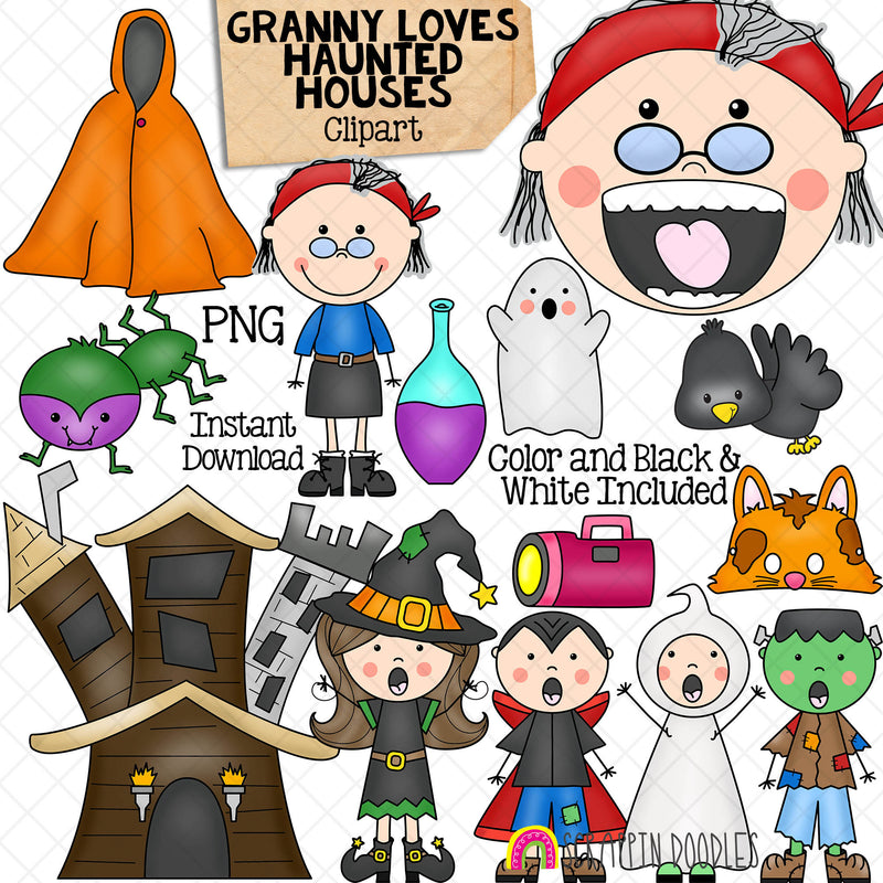 Granny Loves Haunted Houses Clip Art - Old Lady Swalloed a Ghost -Commercial Use PNG