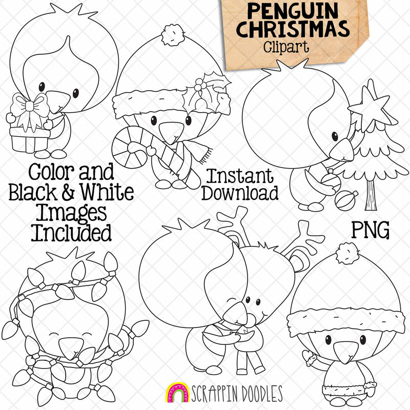 Christmas Penguin ClipArt - Winter Baby Penguin - Decorating Tree - Gift Giving - Seasonal Holiday Graphics - Commercial Use PNG