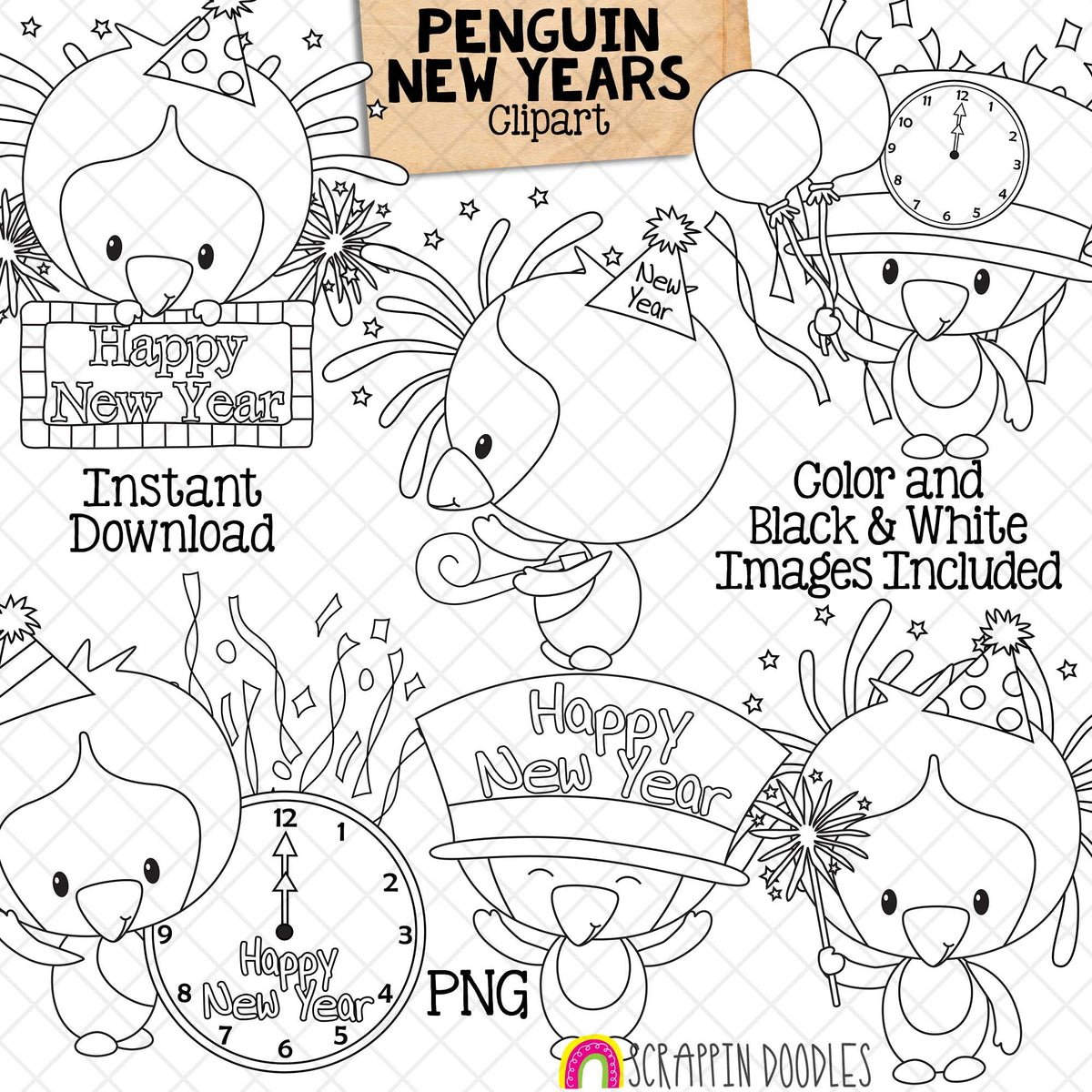 Penguin New Year ClipArt - Winter Baby Penguin - Penguins Celebrating New Years Eve - Penguins Posing - Standing - Sitting - Hugging - Happy - Commercial Use PNG