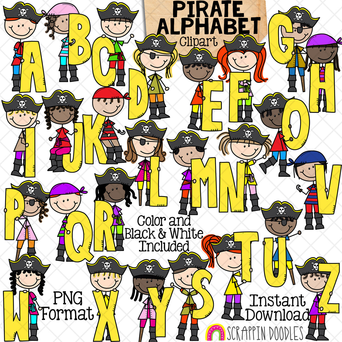 Pirate Alphabet Clip Art - Holding Letters - Upper Case Gold Letter - Doodle Girls and Boys Pirates ClipArt - Kids - PNG