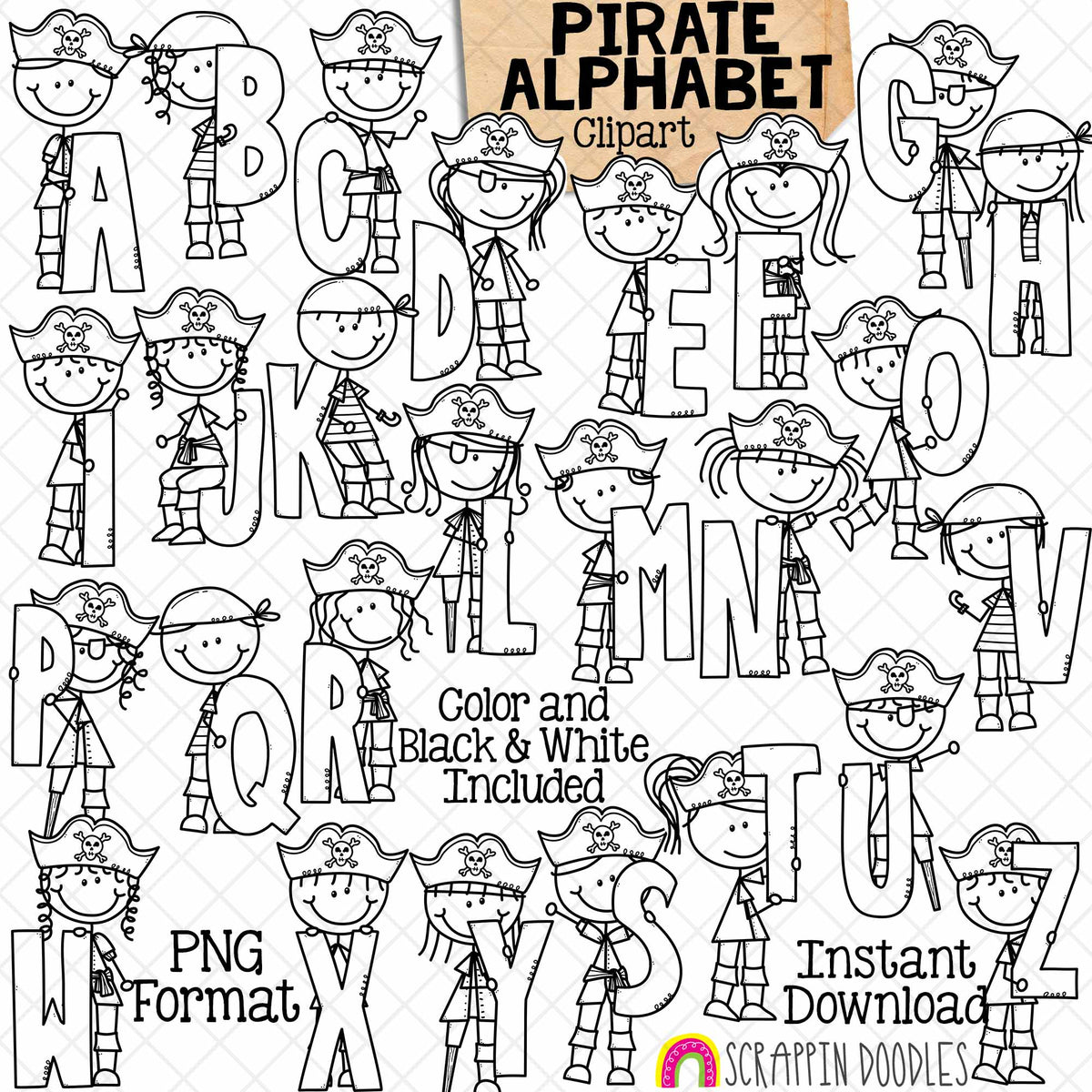 Pirate Alphabet Clip Art - Holding Letters - Upper Case Gold Letter - Doodle Girls and Boys Pirates ClipArt - Kids - PNG