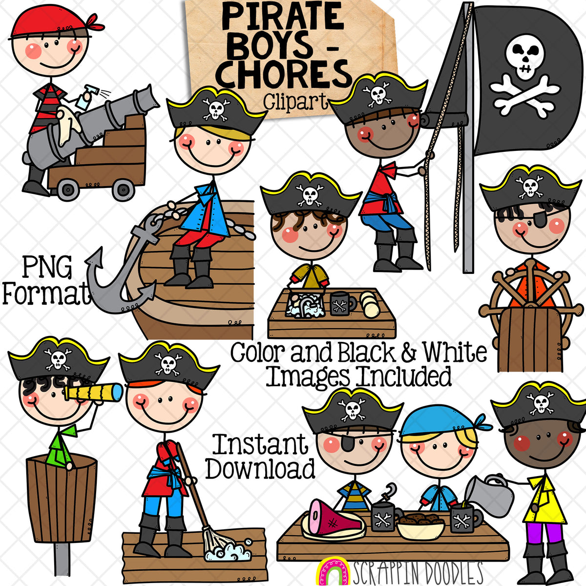 Pirate Chores Clip Art - Doodle Boys Clip Art - Kids - Swab The Deck - Haul Anchor - LookOut - Cannons - Pirate Sails - Galley - PNG