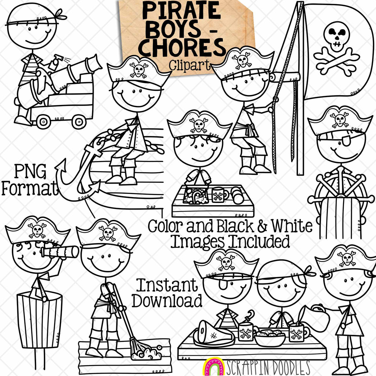 Pirate Chores Clip Art - Doodle Boys Clip Art - Kids - Swab The Deck - Haul Anchor - LookOut - Cannons - Pirate Sails - Galley - PNG