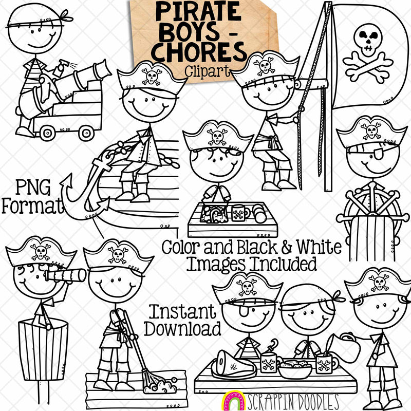 Pirate Chores Clip Art - Doodle Boys Clip Art - Kids - Swab The Deck - Haul Anchor - LookOut - Cannons - Pirate Sails - Galley - PNG