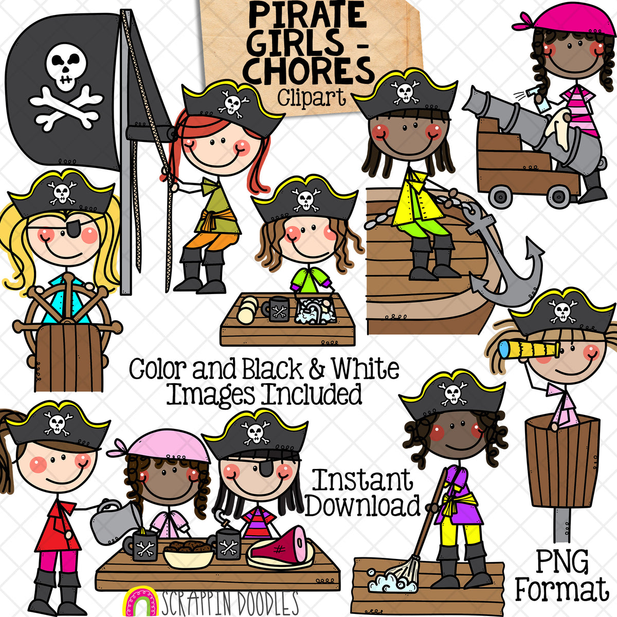 Pirate Chores Clip Art - Doodle Girls Clip Art - Kids - Swab The Deck - Haul Anchor - LookOut - Cannons - Pirate Sails - Galley - PNG