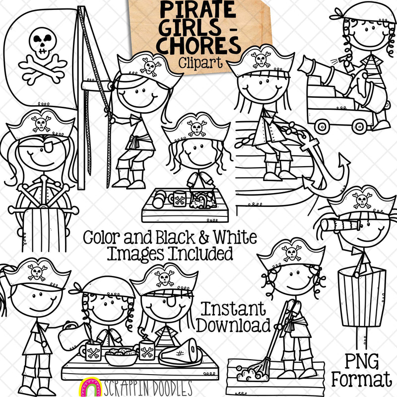 Pirate Chores Clip Art - Doodle Girls Clip Art - Kids - Swab The Deck - Haul Anchor - LookOut - Cannons - Pirate Sails - Galley - PNG