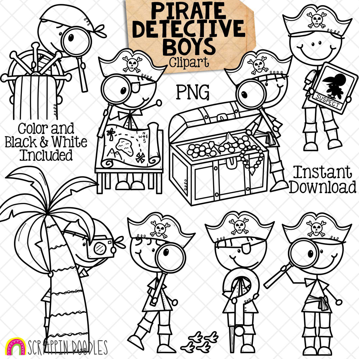 Pirate Detective ClipArt - Doodle Boys Clip Art - Kids - Detectives - Treasure Map - Suspect - Spying - Investigator - Clues - PNG