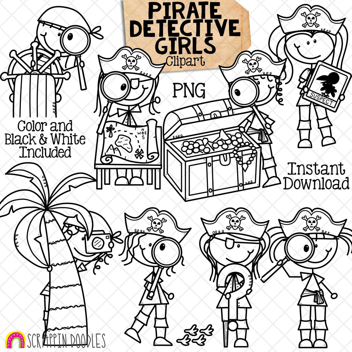 Pirate Detective ClipArt - Doodle Girls Clip Art - Kids - Detectives - Treasure Map - Suspect - Spying - Investigator - Clues - PNG