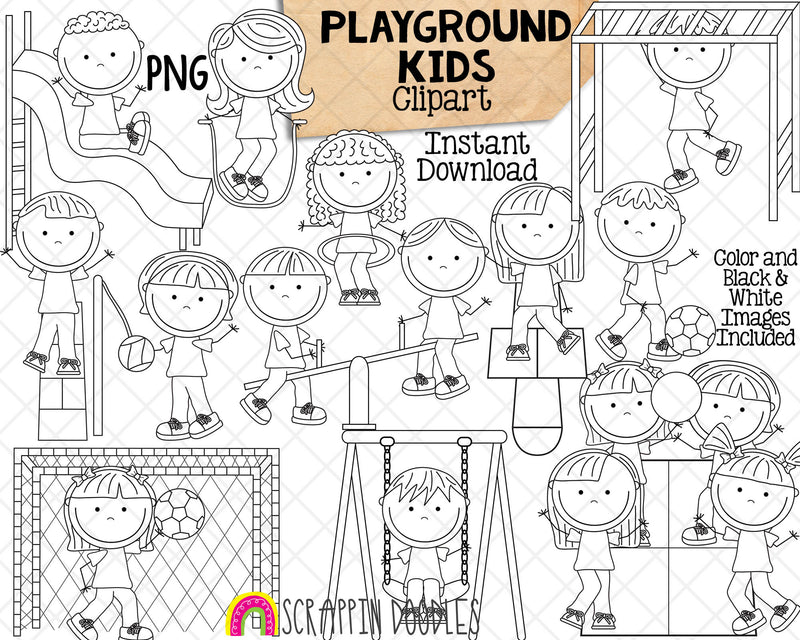 Playground Clip Art - Kids Playing - Hop Scotch - Tether Ball - Hand Drawn PNG 
