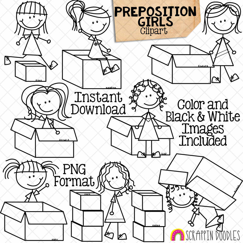 Preposition ClipArt - Doodle Girls Clip Art - Positional Words - Kids ...