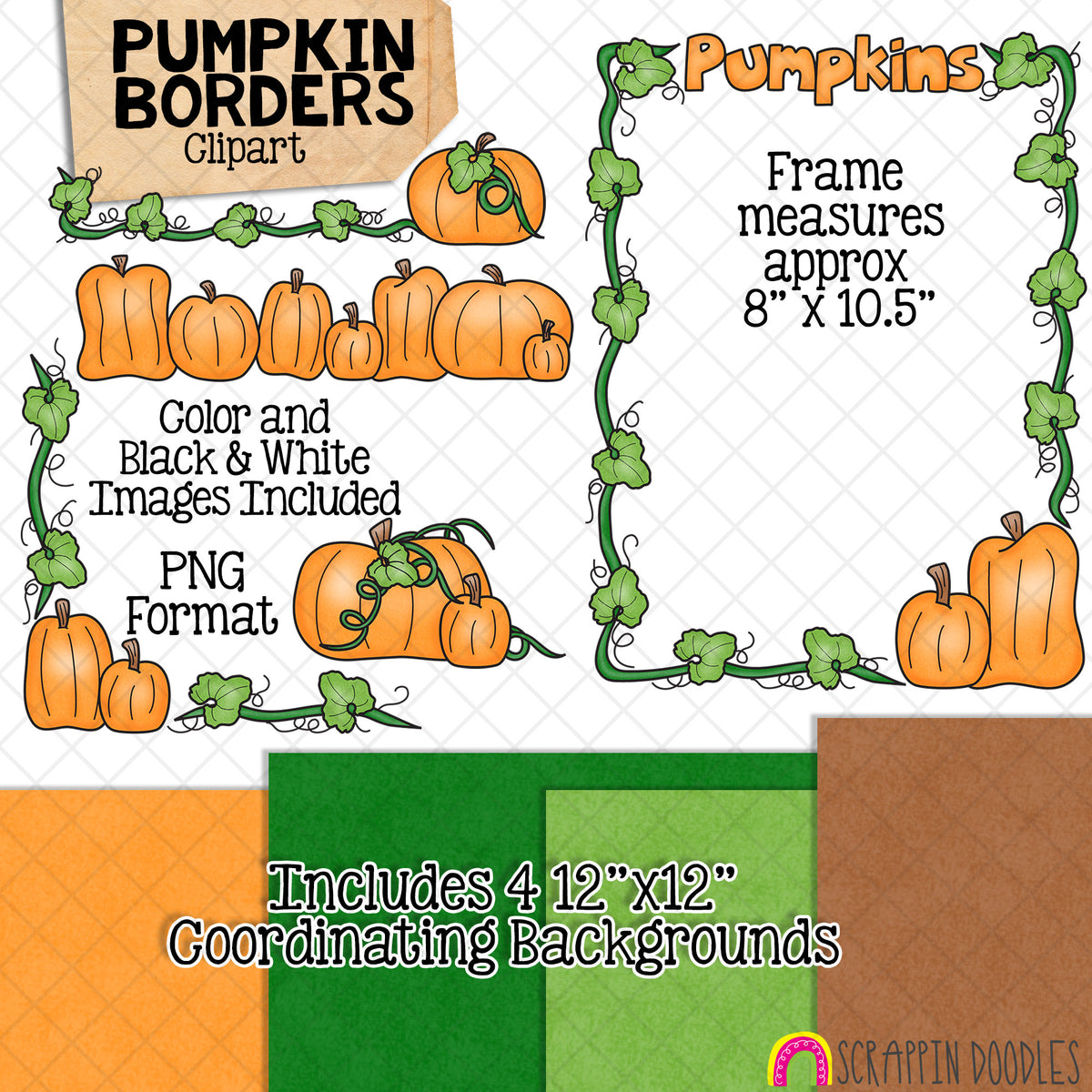 Pumpkin Borders Clipart - Pumpkins - Vines - Autumn - Fall Farm - Frames - Toppers - Headers - CU Hand Drawn PNG