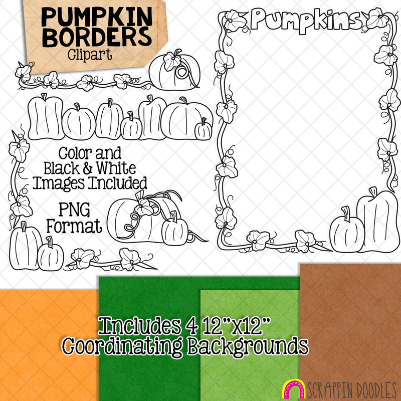 Pumpkin Borders Clipart - Pumpkins - Vines - Autumn - Fall Farm - Frames - Toppers - Headers - CU Hand Drawn PNG