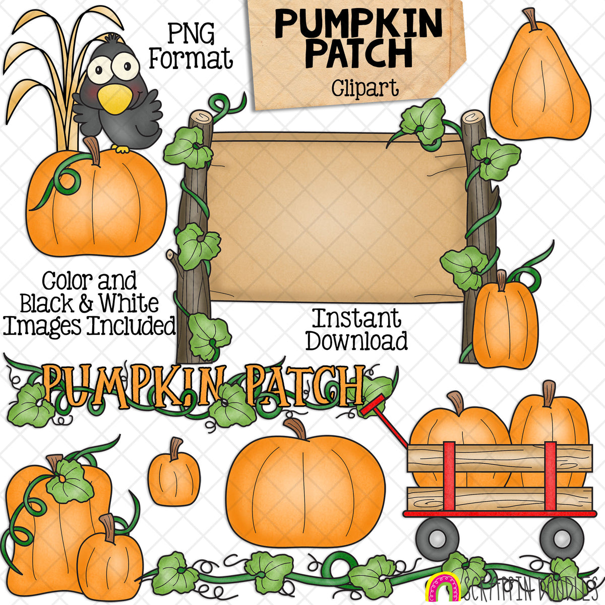 Pumpkin Patch Clipart - Pumpkins - Vines - Crow - Autumn - Fall Farm - Pumpkin Vine - Wagon - Wood Sign - Hand Drawn PNG