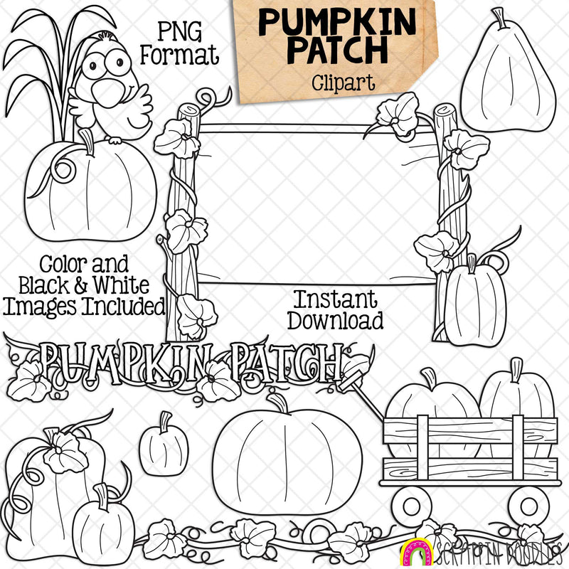 Pumpkin Patch Clipart - Pumpkins - Vines - Crow - Autumn - Fall Farm - Pumpkin Vine - Wagon - Wood Sign - Hand Drawn PNG