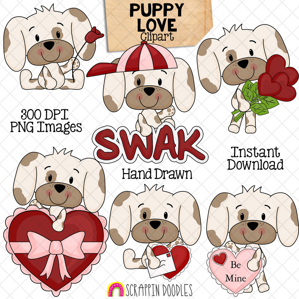 Hand-drawn Puppy Love Valentine clipart featuring six cute puppies with hearts, flowers, a love letter and a heart-shaped gift, available as 300 DPI PNG images in color and black and white.