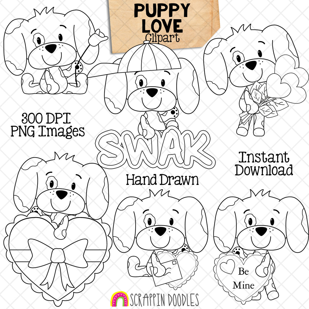Hand-drawn Puppy Love Valentine clipart featuring six cute puppies with hearts, flowers, a love letter and a heart-shaped gift, available as 300 DPI PNG images in color and black and white.