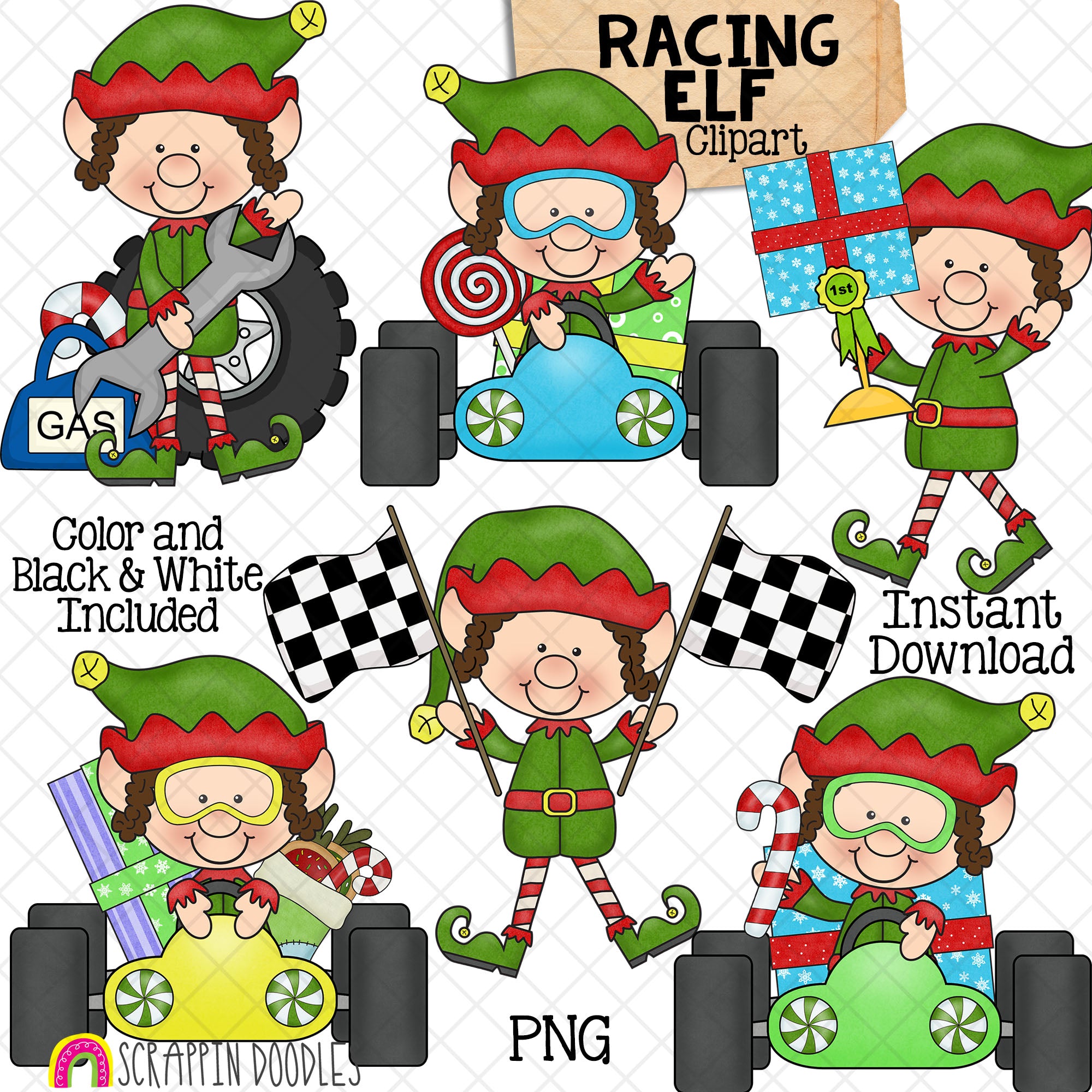Racing Elf Clip Art - Christmas Elves Racing Cars - Race Car - Checker ...