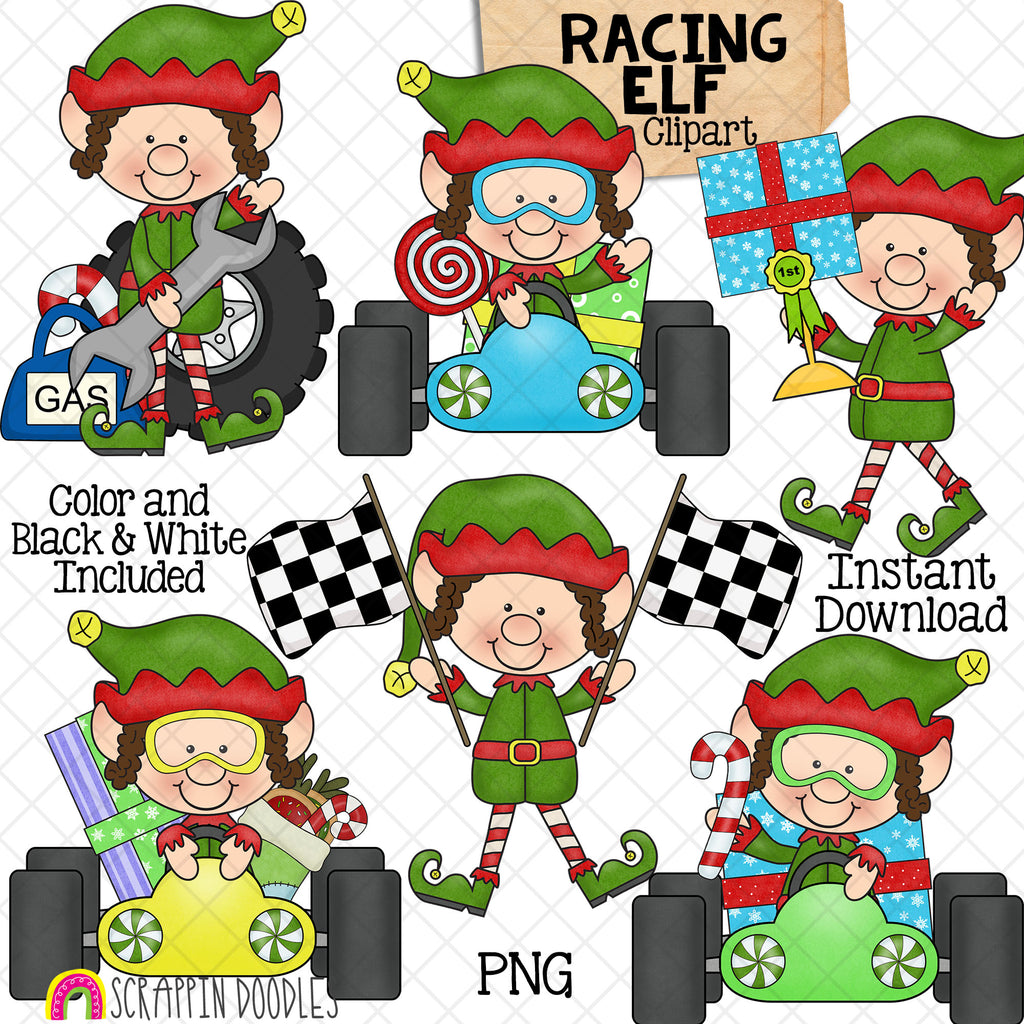 Racing Elf Clip Art - Christmas Elves Racing Cars - Race Car - Checker ...