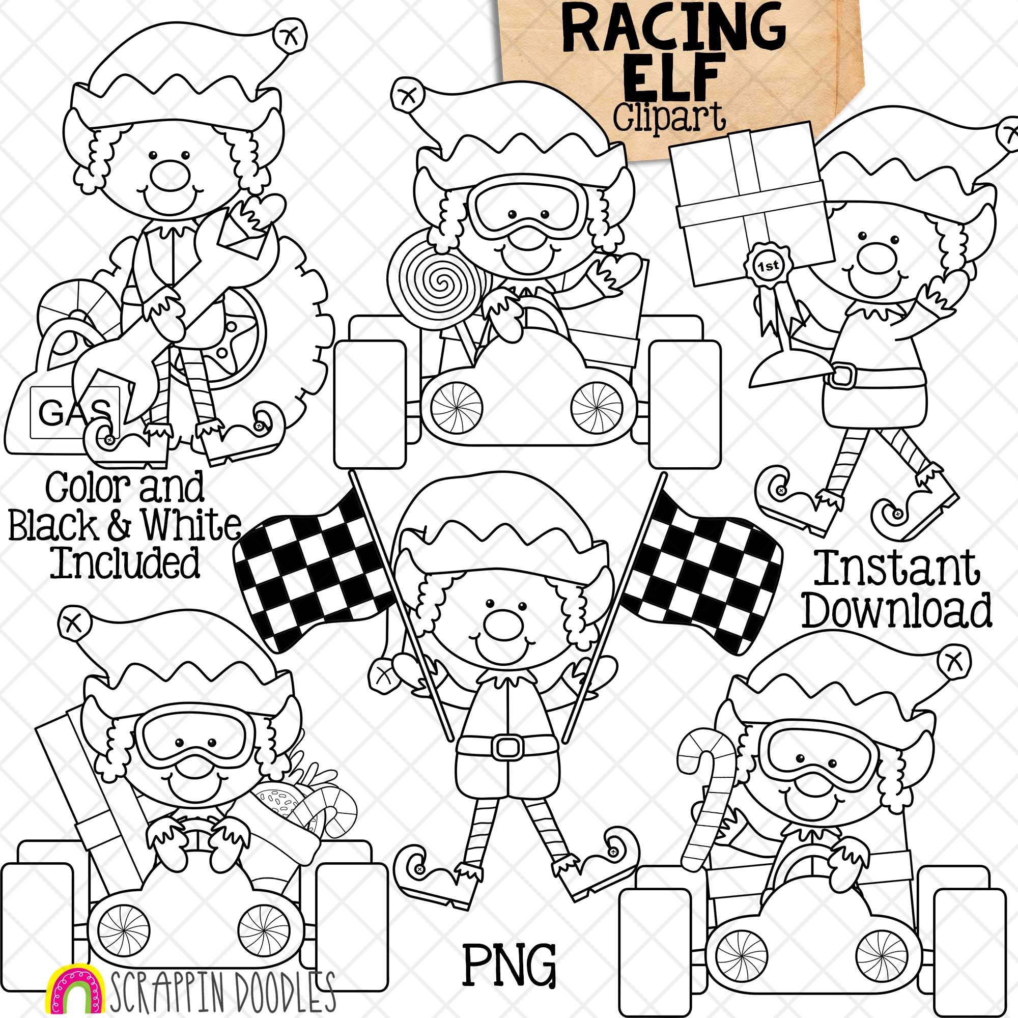 Racing Elf Clip Art - Christmas Elves Racing Cars - Race Car - Checker ...