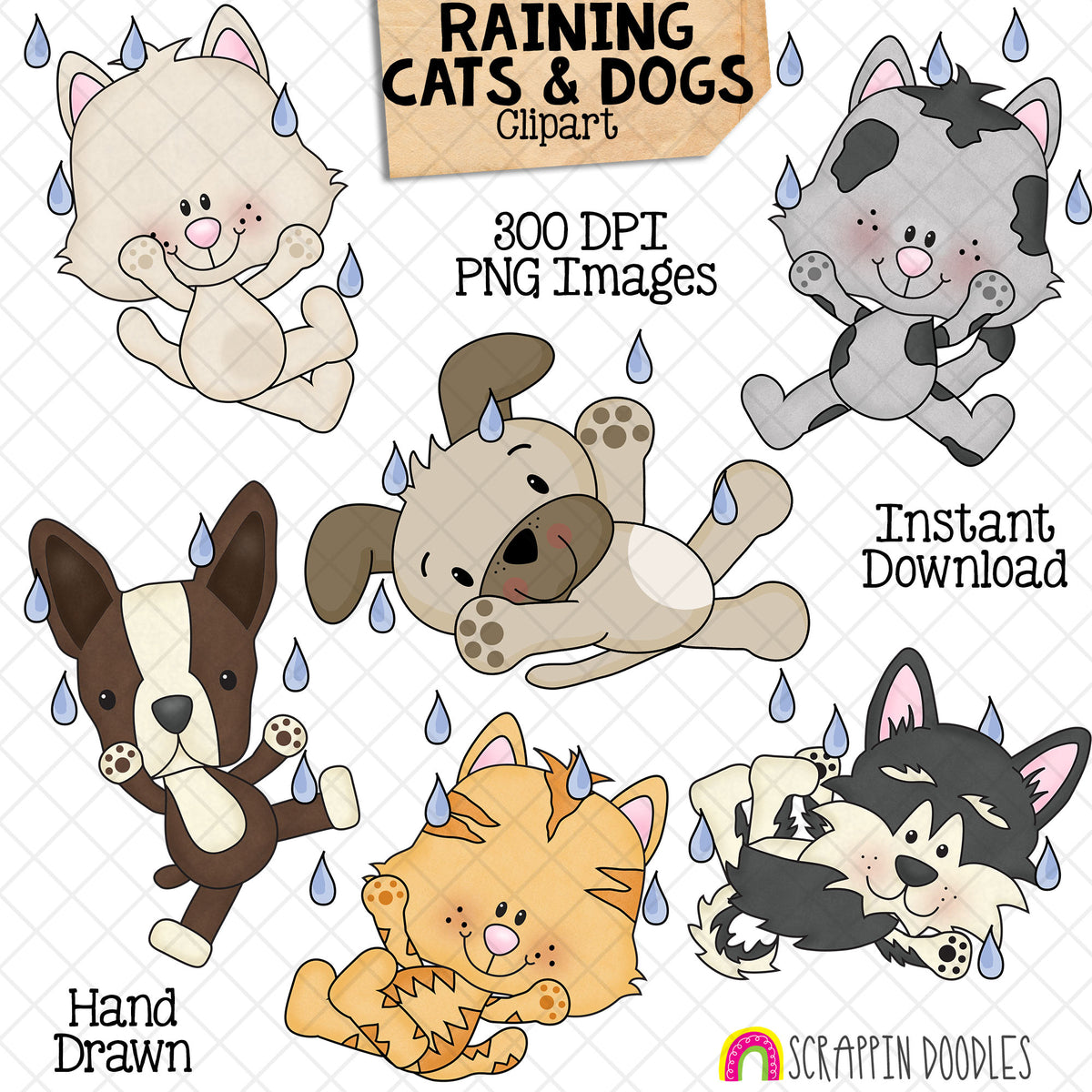 Hand-drawn Raining Cats and Dogs clipart featuring three cute kittens and three playful puppies tumbling through blue raindrops.

