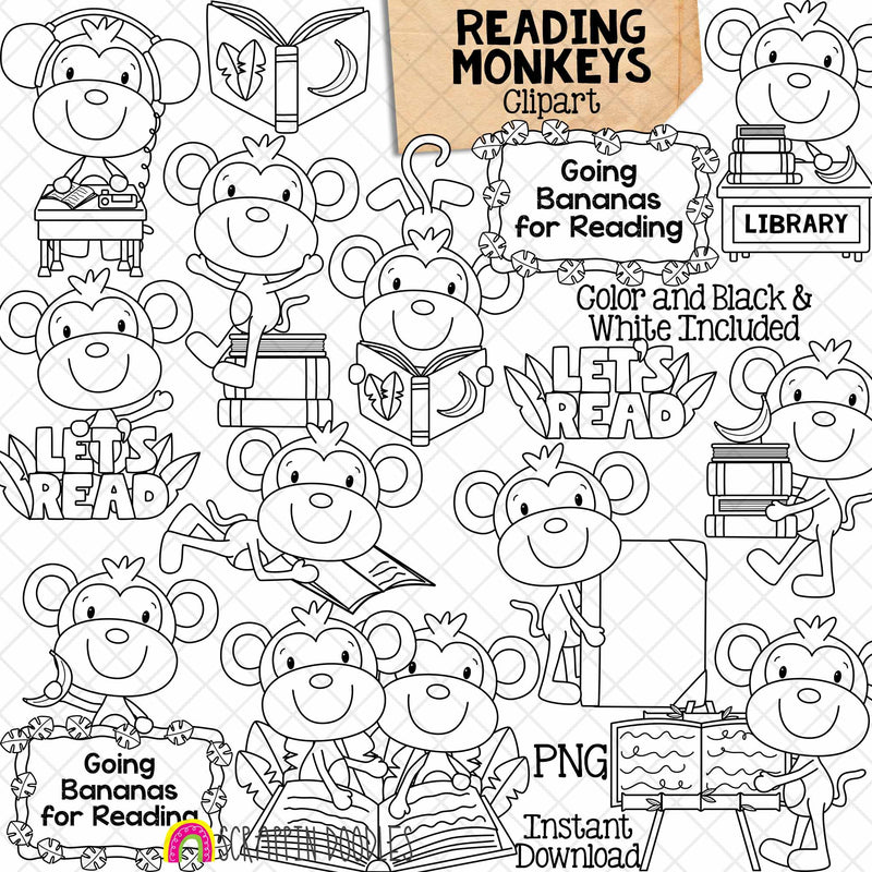 Monkey Clip Art - Monkeys Reading Books - Jungle Animals - School - Learning to Read - Commercial Use PNG Sublimation