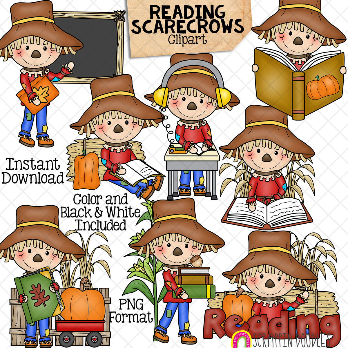 Reading Scarecrows Clip Art - School - Books - Library - Autumn - Fall Farm - Hay Bales - Pumpkins - Commercial Use PNG Sublimation